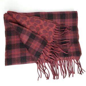 Coach Signature C Plaid Wool Scarf Reversible Fringe Burgundy Red Wine Black